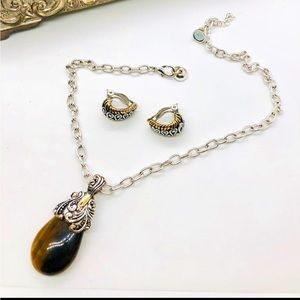 Vintage scrolled metal earrings & Tiger’s eye stone necklace